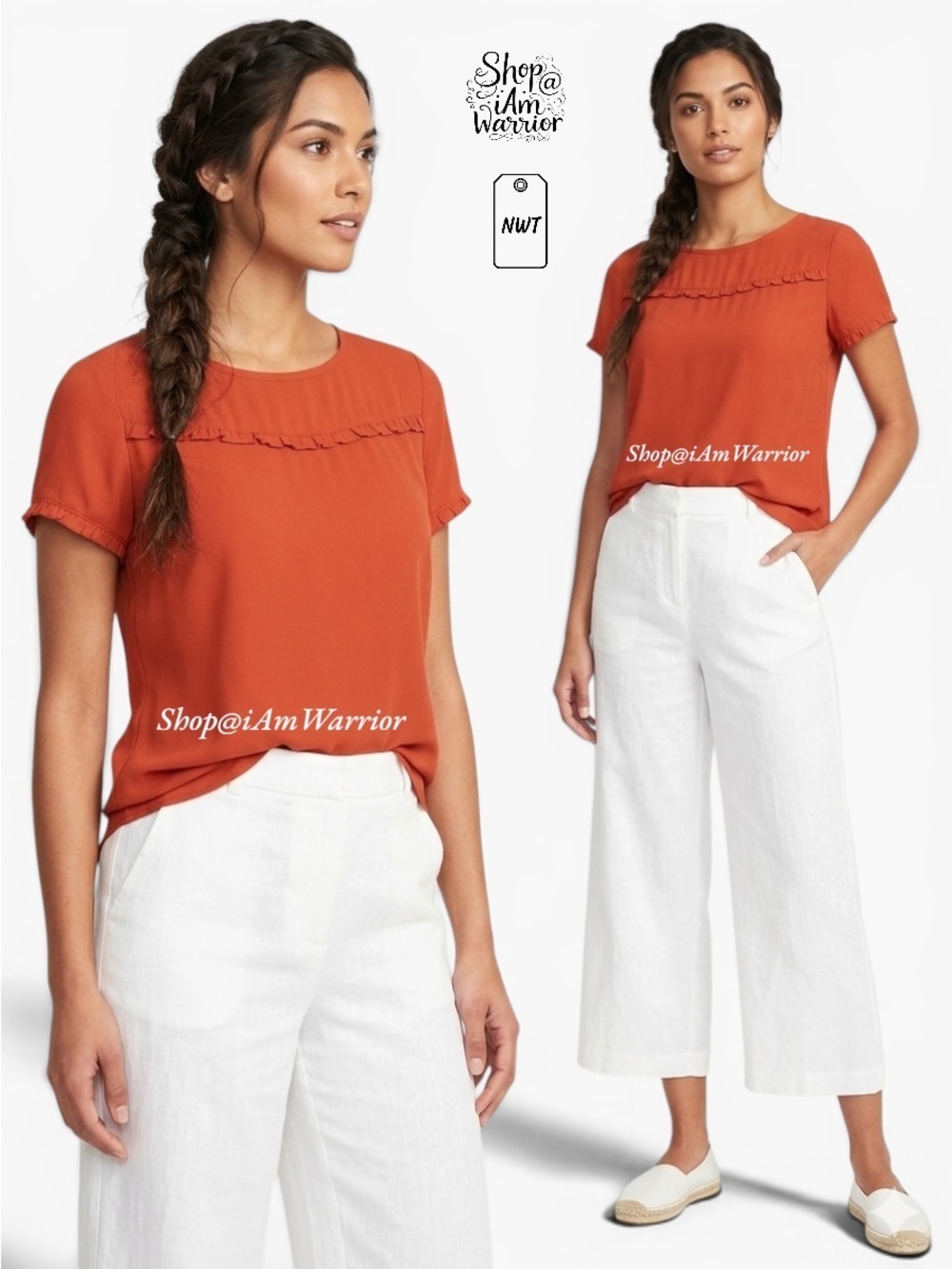 Loft NWT red/orange ruffle trim mixed media short sleeve blouse *shop@iamwarrior